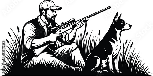 Hunter with rifle and dog in a grassy field, ready for action silhouette vector