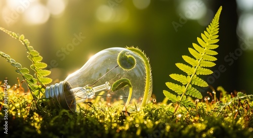 Mano sosteniendo bombilla contra la naturaleza en hoja verde con fuentes de energía, Desarrollo sostenible y medio ambiente responsable, Fuentes de energía renovables, Concepto de ecología.