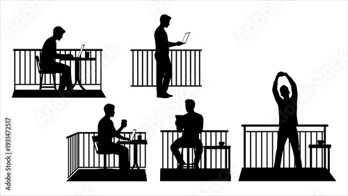 Silhouetted figures on balconies performing various actions in a serene urban landscape illustration