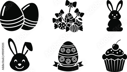 Six black and white featuring easter eggs, bunnies, flowers, and a cupcake