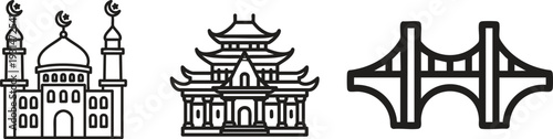 World Landmarks and Travel Line Icon Set