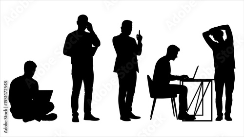 Silhouetted figures working remotely in various poses and locations