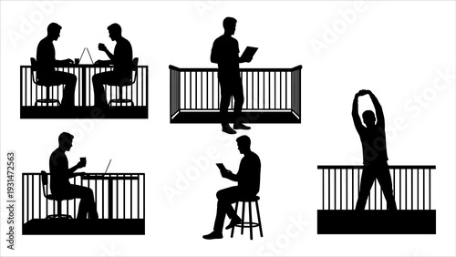Silhouetted people on balconies engaging in various activities like working, reading, and exercising from different viewpoints