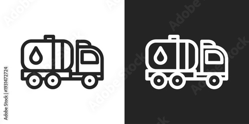 Oil Truck Icon In Black And White Line Style
