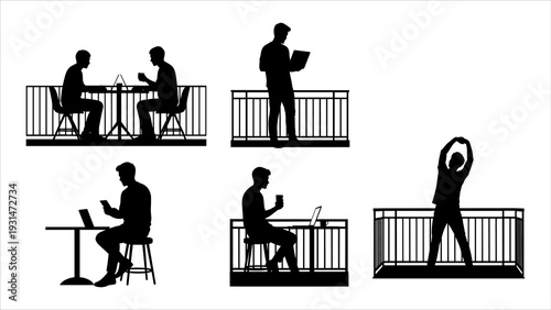 Silhouetted people working and exercising alone and together on balconies and terraces in a modern setting