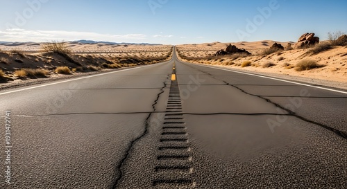 Straight Empty Road Through Vast Desert Landscape Under Clear Blue Sky, Strong Perspective Lines and Freedom Journey Concept Ultra Realistic 4K