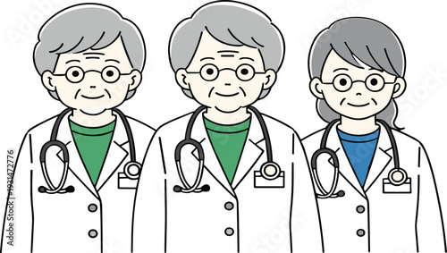 Senior doctors portrait vector illustration set with experienced medical professionals wearing lab coats and stethoscopes