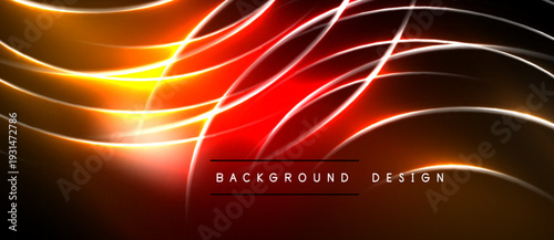 Dynamic abstract background. Red, orange, yellow glowing lines create energy, movement. Dark space surrounds bright illumination.