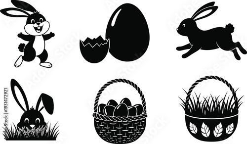 Six black and white of rabbits and easter eggs in various poses and settings bunnies