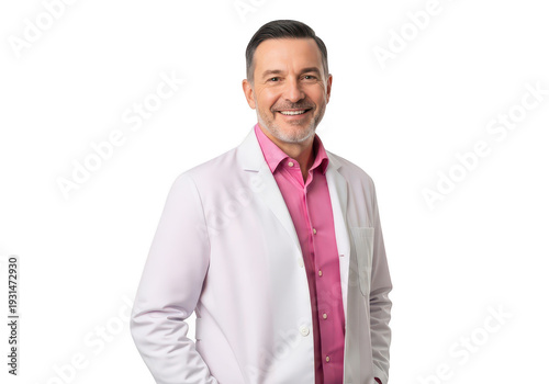 Professional man in a white lab coat with a pink shirt smiling at the camera
