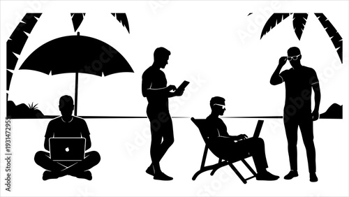 People working remotely under palm trees on beach vacation with laptops and umbrella