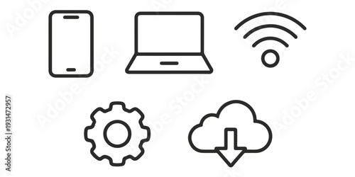 Set of web technology icons featuring a Wi-Fi router and mobile phone with wireless network symbols for internet communication and business website design