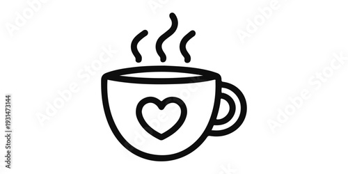 A steaming cup of hot coffee icon features a brown espresso mug with a caffeine aroma symbol and a vector illustration of a beverage saucer, perfect for a cafe breakfast or restaurant logo