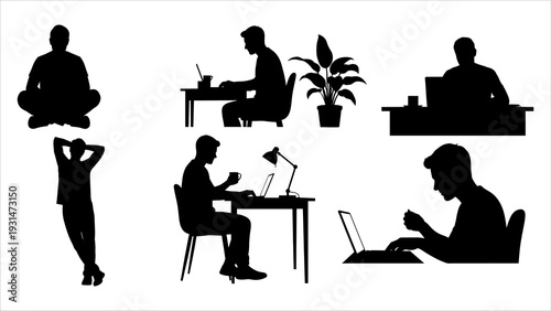 Collection of silhouetted people working and relaxing in various office environments and home settings, viewed from multiple angles with modern furniture and decor.