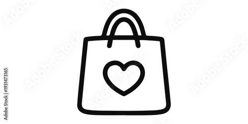 A red paper shopping bag illustration featuring a heart symbol represents a retail gift box for a Christmas sale or business discount purchase in this vector icon design
