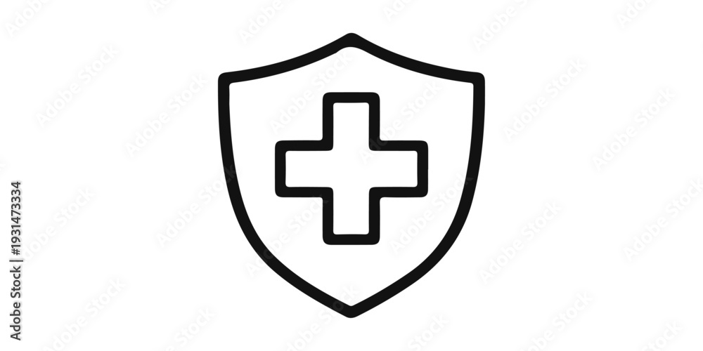 Fototapeta premium A vector shield icon featuring a medical cross symbol on a web button represents a first aid emergency sign for a hospital pharmacy or ambulance service