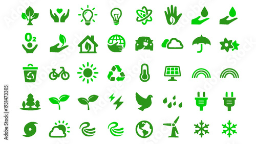 Ecology and clean energy icons featuring solar, wind, water, leaf, and recycling symbols. Flat vector EPS.