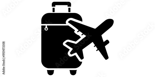 Vector illustration of a 3D travel suitcase and airplane icon flying for air transport and tourism aviation