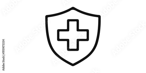 A vector shield icon featuring a medical cross symbol on a web button represents a first aid emergency sign for a hospital pharmacy or ambulance service