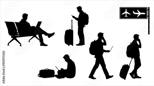 Travelers waiting, walking, and checking in at the airport with luggage, remote-33.eps as reference