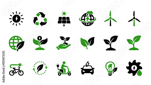 Eco transport and clean energy icons including bicycle, electric car, wind turbine, and recycle symbols. Flat vector EPS.