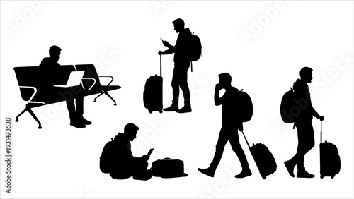 Travelers with luggage silhouetted against a white background, engaging in various activities like walking and resting.