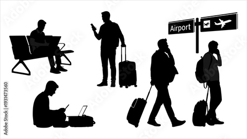 Travelers with luggage moving through an airport terminal, silhouetted against a simple background, captured from a high viewpoint, illustration of people on the move