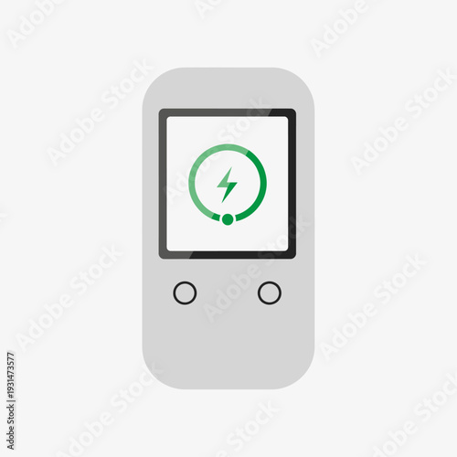 Simple gray power bank with green charging icon on screen.