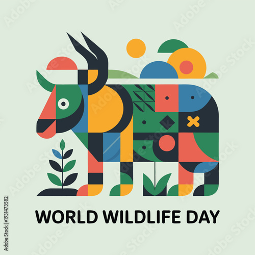 A stylized wildebeest illustration composed of geometric shapes celebrates world wildlife day high quality professional detailed