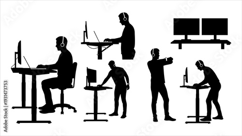 People working on computers and office equipment in various work environments from different viewpoints.