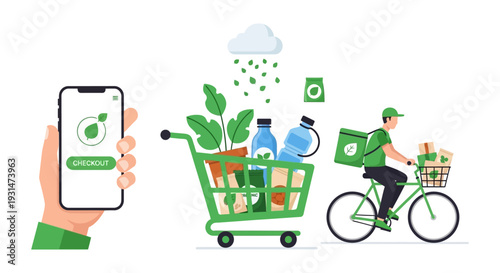 Organic Grocery Online Shopping with Eco-Friendly Bicycle Delivery - Mobile App & Sustainable E-commerce Concept