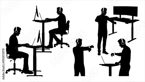 Silhouetted figures working remotely at various workstations with laptops and monitors in a modern office setting