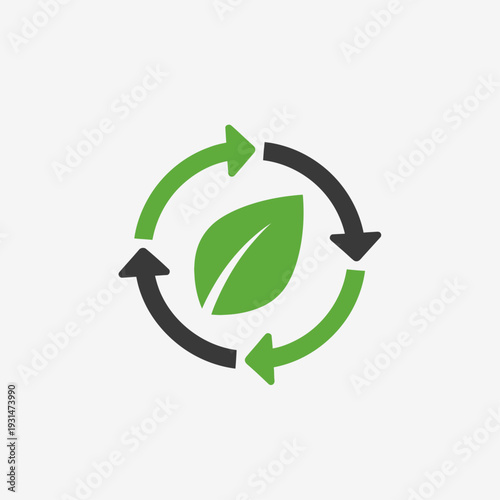 Green leaf surrounded by circular arrows symbolizing recycling and sustainability.