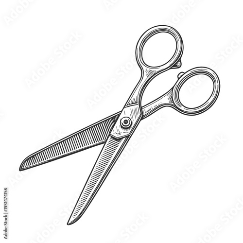 Vintage engraved scissors. Detailed black and white hand drawn vector illustration in retro line art style, ideal for tailoring, barber shop branding, craft design and DIY projects.