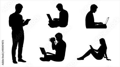 Silhouetted people using various digital devices in different poses and environments from a straightforward viewpoint.