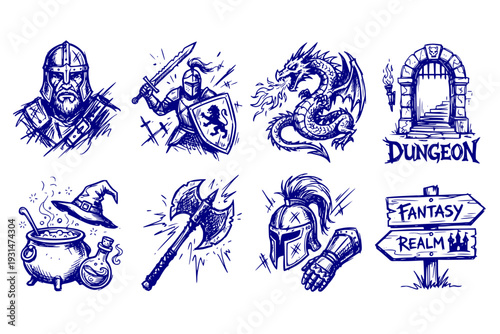 Game Fantasy Icon Set Magic Dungeon Dragon RPG Medieval Warrior Avatar Knight Battle Sword Armour Helmet Witch Hat Potion