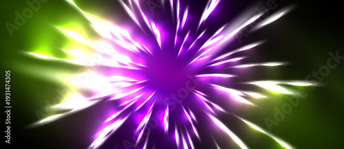 Bright explosion radiates purple, green, white light. Sharp rays emanate from central point, creating dynamic visual effect.