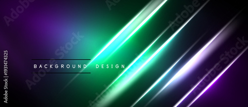 Abstract vibrant design features diagonal lines, gradients. Purple transitions into green, black borders create contrast. Text reads background design.