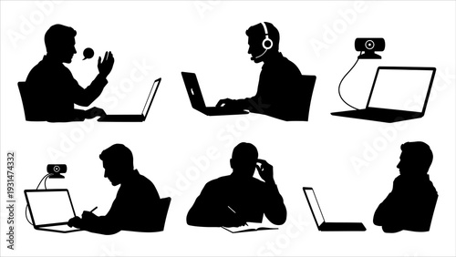 People working remotely on laptops in various environments and actions from different viewpoints