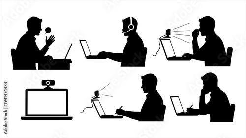 Silhouetted figures working remotely on laptops and phones in various office settings