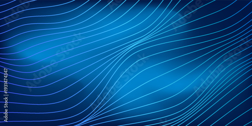Abstract blue gradient background with flowing curved neon lines, smooth wave pattern, deep blue to bright blue gradient