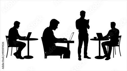 People working remotely at various tasks on laptops in a modern office environment from a distant viewpoint remote