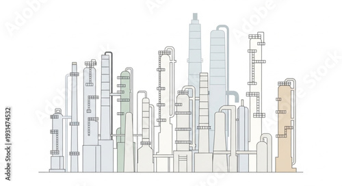 Architectural drawing of a modern city skyline with skyscrapers.