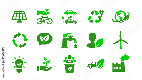 Renewable energy and eco icons including solar panel, wind turbine, recycling, and environmental symbols. Flat vector EPS.