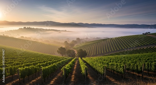 Wallpaper Mural Sunrise over Vineyard Landscape with Fog. Torontodigital.ca