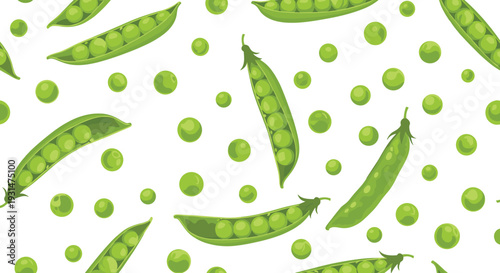 Seamless pattern featuring fresh green pea pods and loose peas scattered on a white background for food and garden themes.
