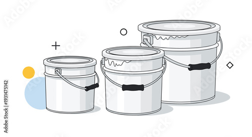Set of three white metal paint buckets in varying sizes from small to large for renovation, home improvement, and construction.