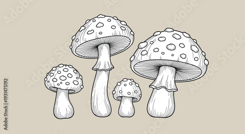 Group of four detailed hand drawn mushrooms with spots on their caps in a vintage botanical illustration style for nature lovers.