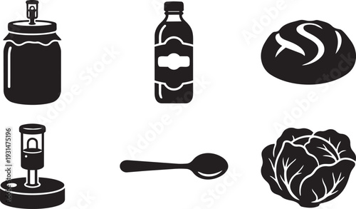 Fermentation, Probiotic Health and Homemade Cultured Food Organic Silhouette Icon Set Vector Illustration