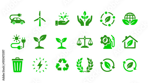 Sustainability and nature icons with plant, globe, recycle, and eco living symbols. Flat vector EPS.